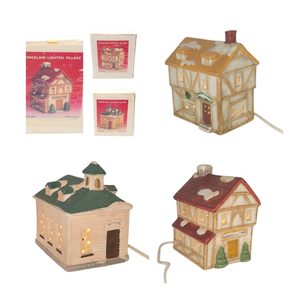 Lot of 3 Christmas Village Houses Porcelain With Light Original Box